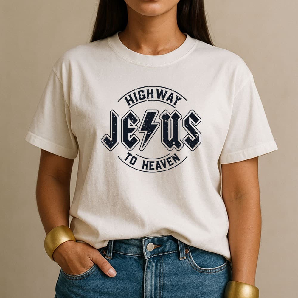 Camiseta 100% Algodão Highway to Heaven Jesus Camisa Cristã Feminina Casual AC/DC para o Dia a Dia
