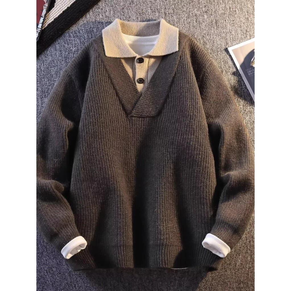 Falso suéter misturado de duas peças masculino 2025 novo estilo outono inverno camisa gola texturizada camisola de malha