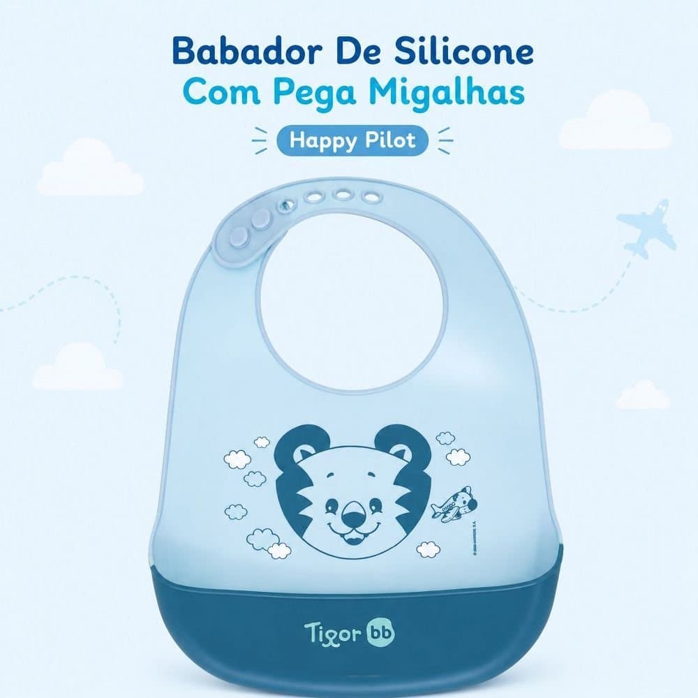 Babador De Silicone Com Pega Migalhas Happy Pilot Tigre T