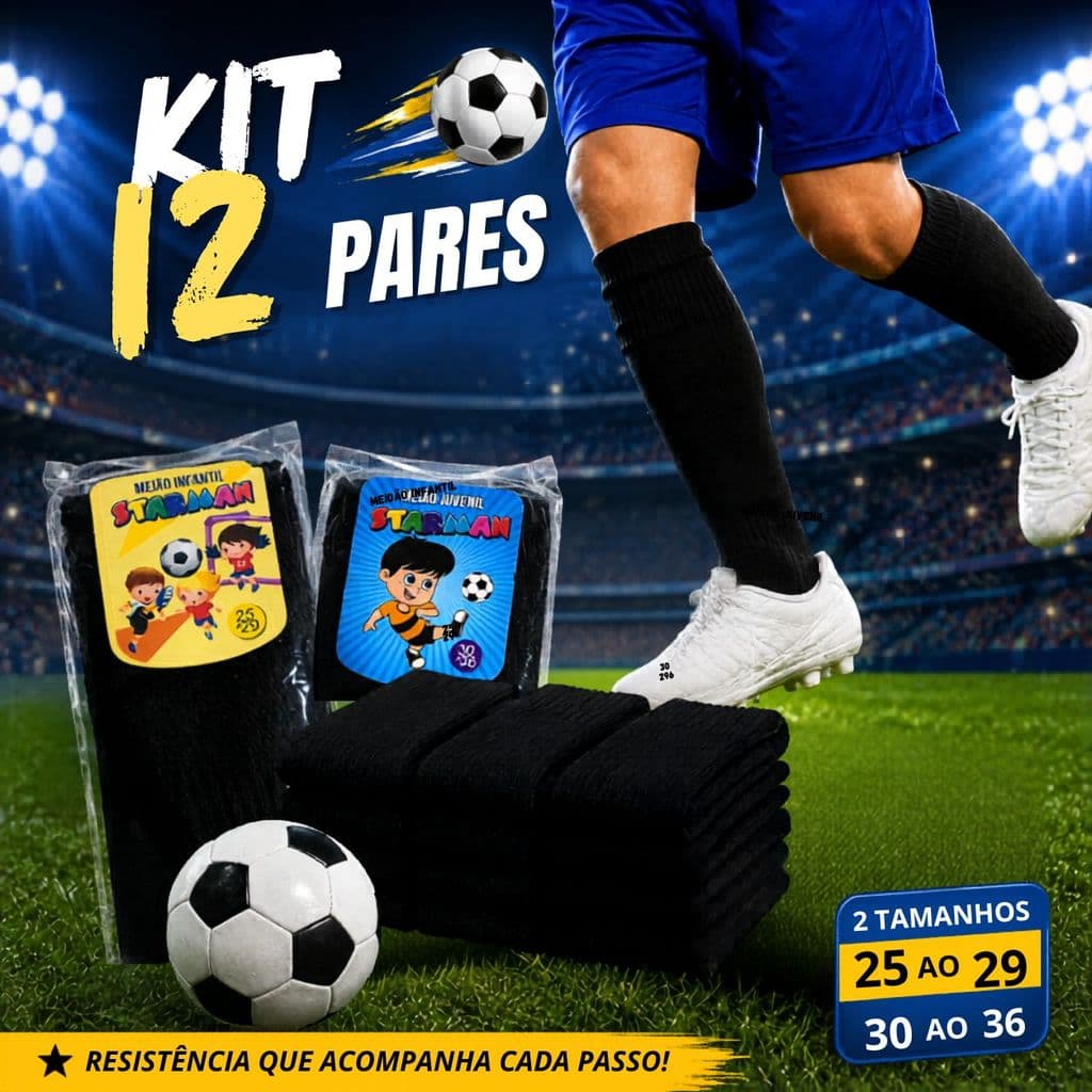 Kit 12 Pares Meião De Futebol Infatil Esportivo Juvenil Longo 25 ao 36 Esporte