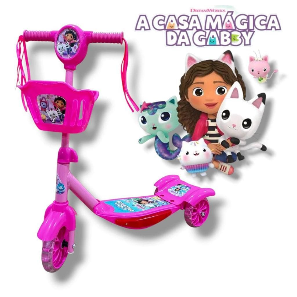 Patinete Infantil A Casa Mágica da Gabby com Cesta e Luzes 3 Rodas