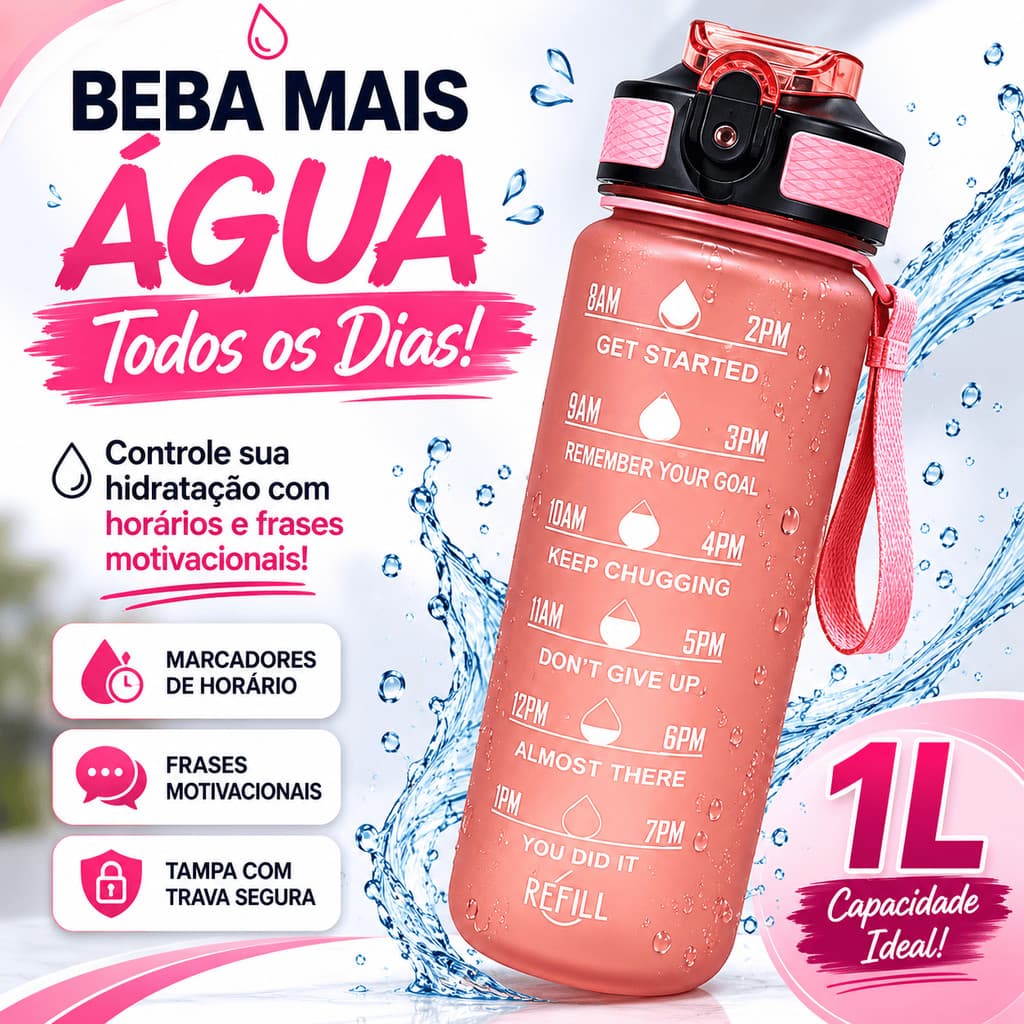 Garrafa Motivacional 1 Litro Com Horário Frases Inspiradoras BPA Free Academia Fitness Rosa