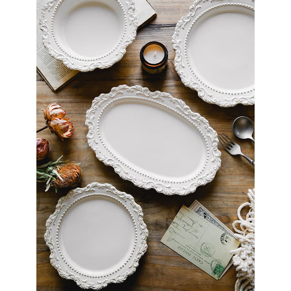 Francês barroco Retro em relevo estilo palácio cerâmica prato de jantar europeu utensílios de mesa prato de comida ocide