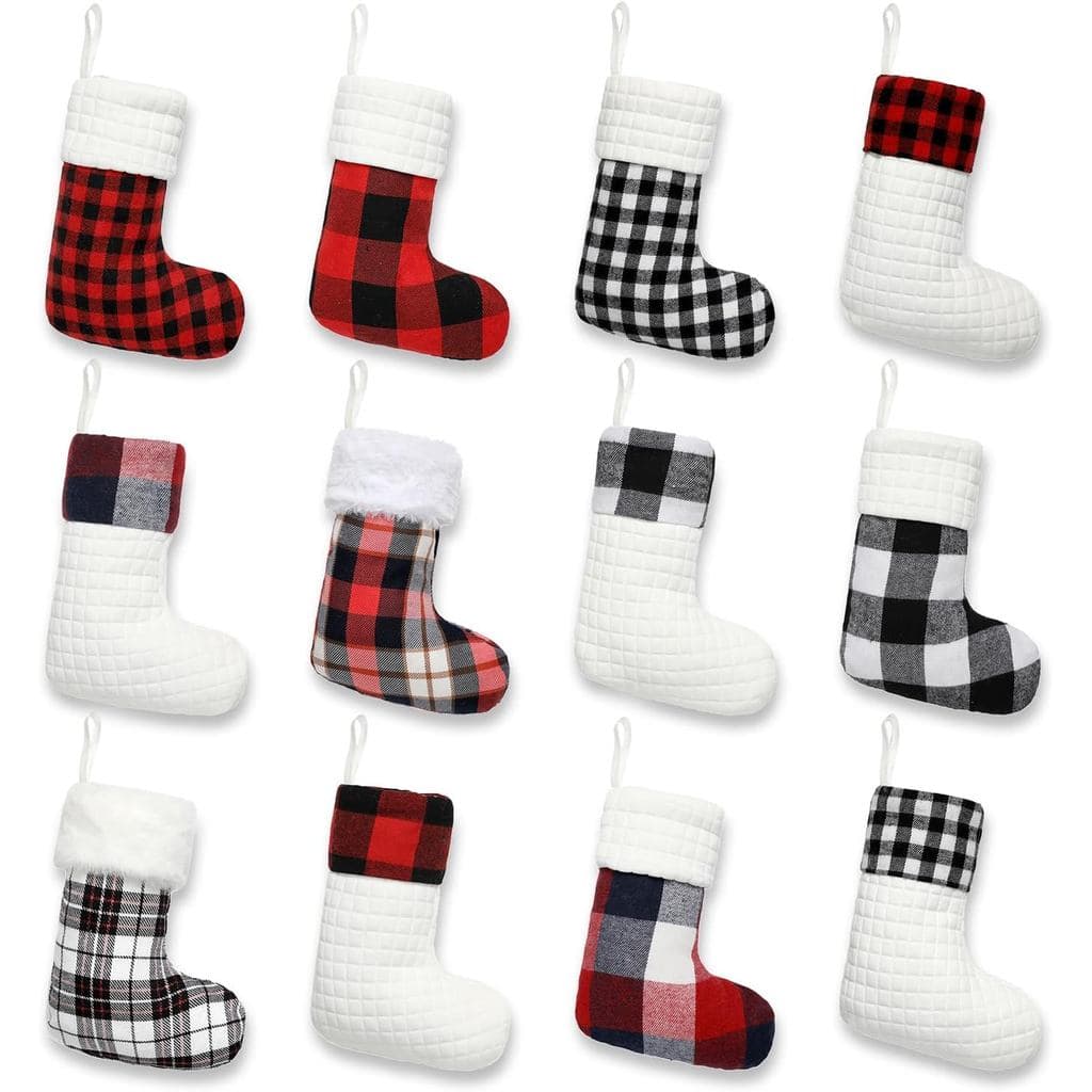 Conjunto de 12 Meias de Natal Mini, Meias de Natal Pequenas com Estampa Xadrez Buffalo de 9 Polegadas, Meias de Natal Pe