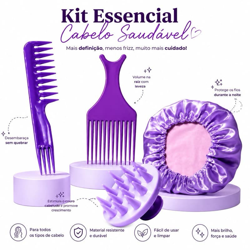Kit Cabelo Saudável Touca de Cetim + Pente Garfo + Pente Jacaré + Massageador Capilar