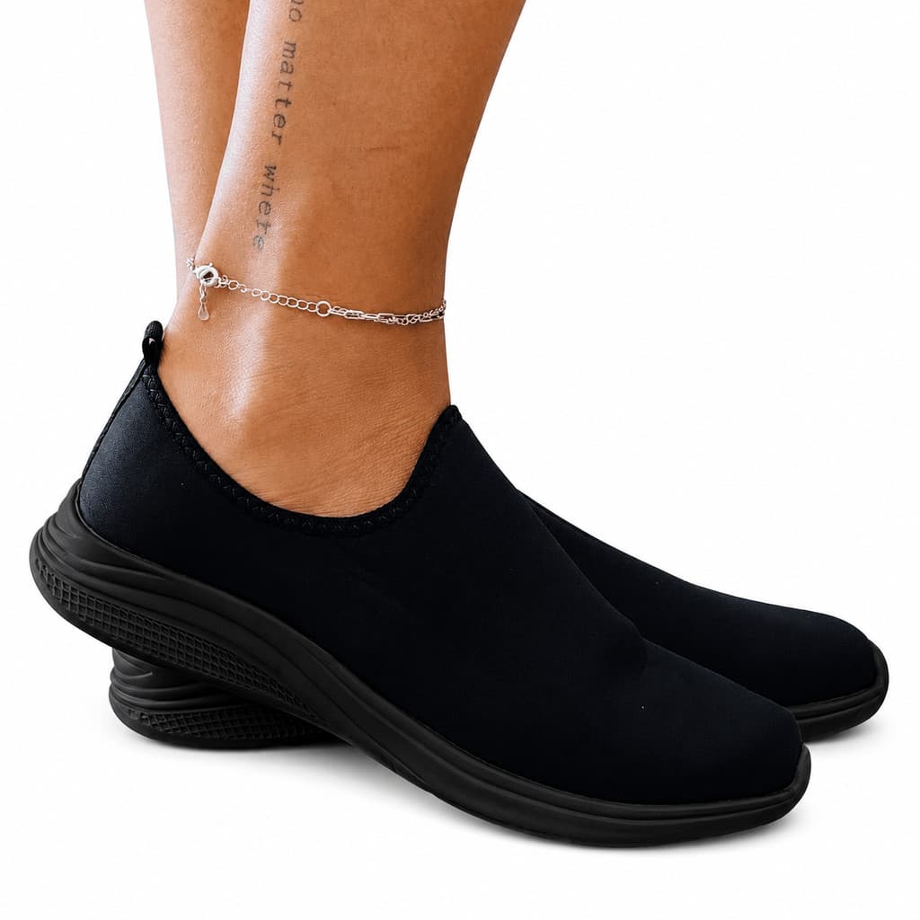 Tênis Feminino Casual Preto Liso Sem Cadarço Plataforma Anabela Conforto Extra