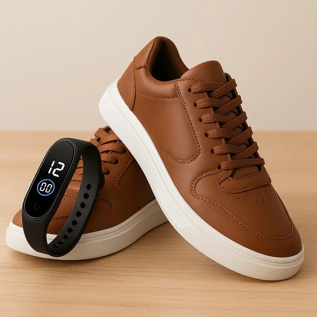 Tenis Casual Masculino Com Relógio Digital Sapato Tamanho Especial Sola Alta