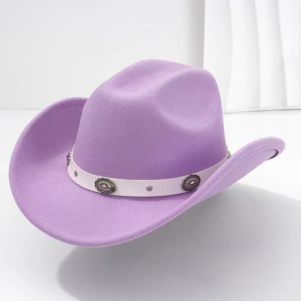 Cor fluorescente panamá chapéu superior imitação de lã chapéu de Cowboy forma flor roxo verde festa enrolado desempenho