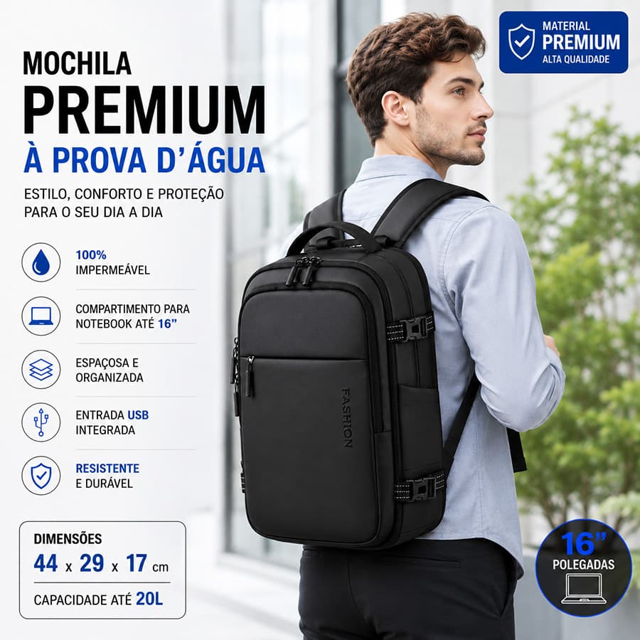 Nova Mochila Masculina Executiva em Revestimento Pele Premium, Resistente à Água, Bolsa para Notebook Trabalho e Viagem