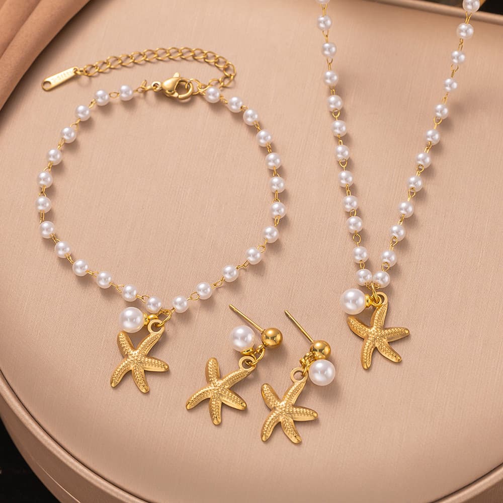 Colar boêmio estilo resort com pérolas, conjunto de colar vintage com pingente de estrela-do-mar e concha, gargantilha.