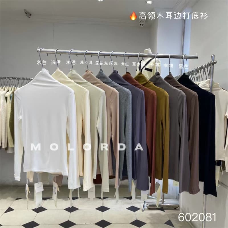 MOLORDA Fungus Edge Camisa de fundo com gola alta 2023 outono inverno novo estilo elástico jogo interno cor sólida manga