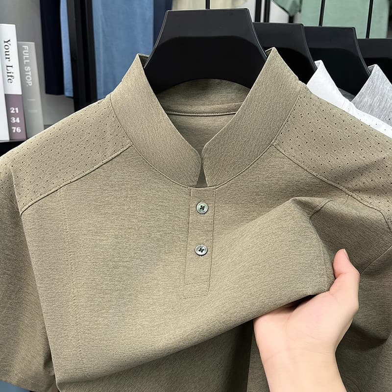 Camisa polo de manga curta transfronteiriça masculina novo estilo chinês perfurado meia manga gola alta t-