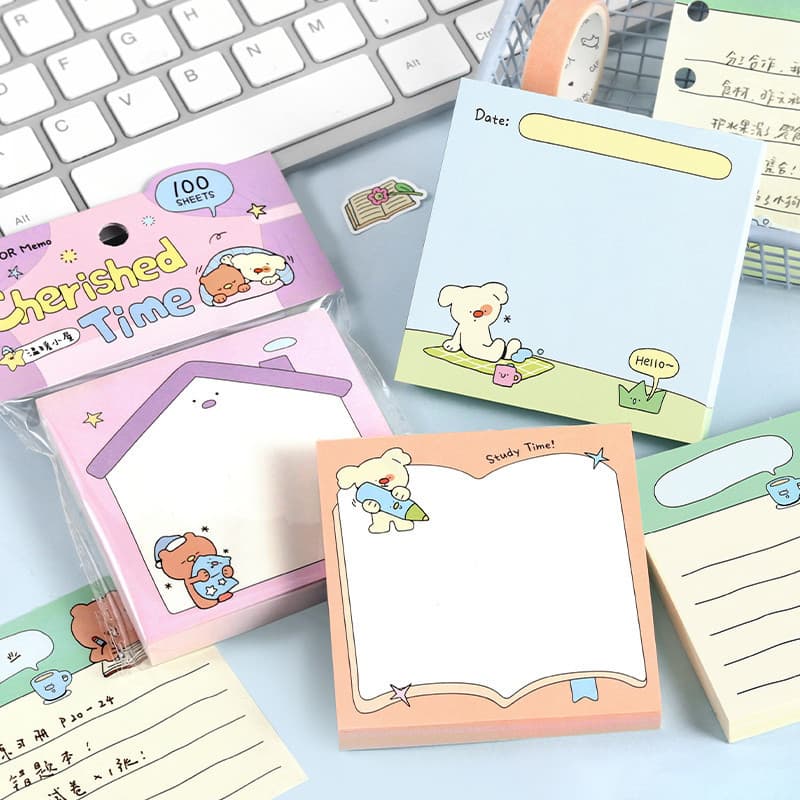 Mr. Paper 100 Notas Adesivas Diárias com Padrão de Urso e Cachorro Fofo, Papel Decorativo com Moldura em Rede, Material