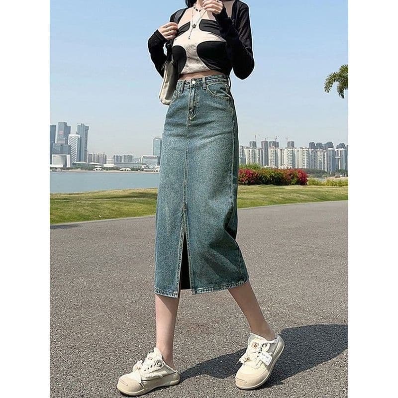 Cintura alta fenda Denim saia feminina 2026 primavera verão novo estilo meados de comprimento capa virilha a linha peque