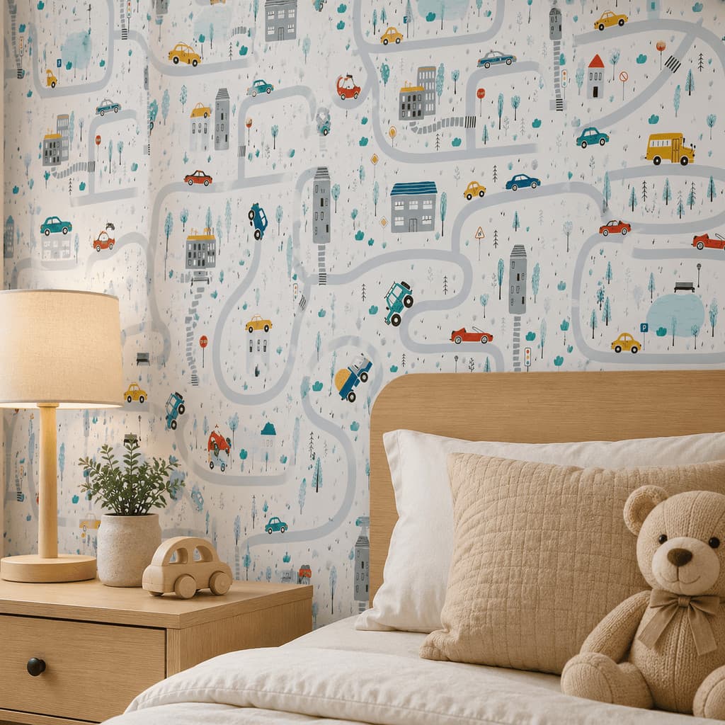 Papel de Parede Para Quarto Infantil Cidade Carros Menino Escolinha Adesivo Lavável
