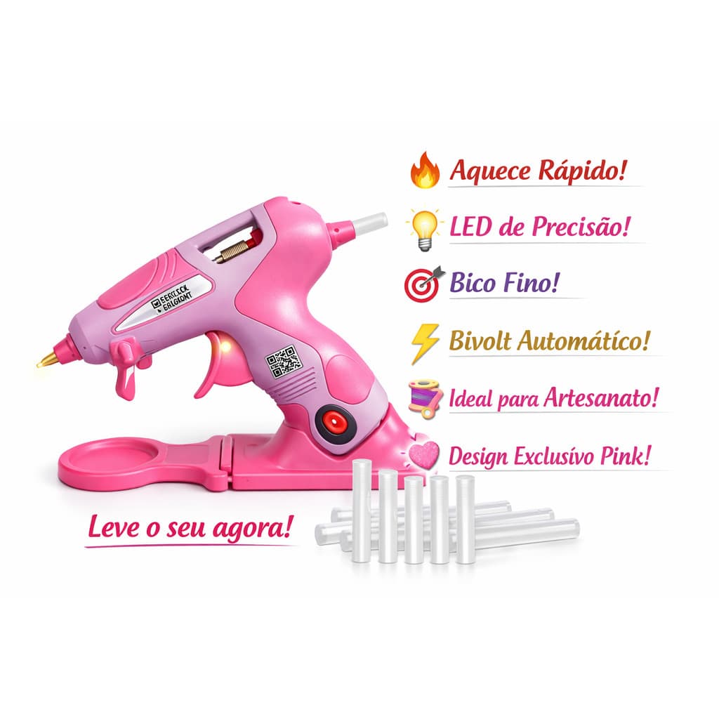 Kit Pistola de Cola Quente Elétrica Pink com Base liga e desliga + 10 Bastôes de Cola fina artePunto