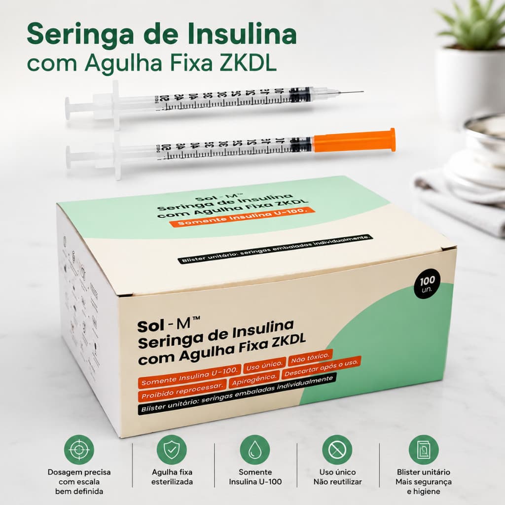 Seringa Insulina Sol-M 0,5ml 50UI 31G Agulha Fixa Caixa com 100 Unidades