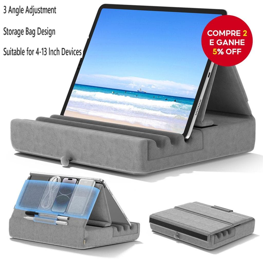 Novo Suporte de Travesseiro para Tablet, Suporte Dobrável e Ajustável para Telefone Móvel com Bolso e Suporte para