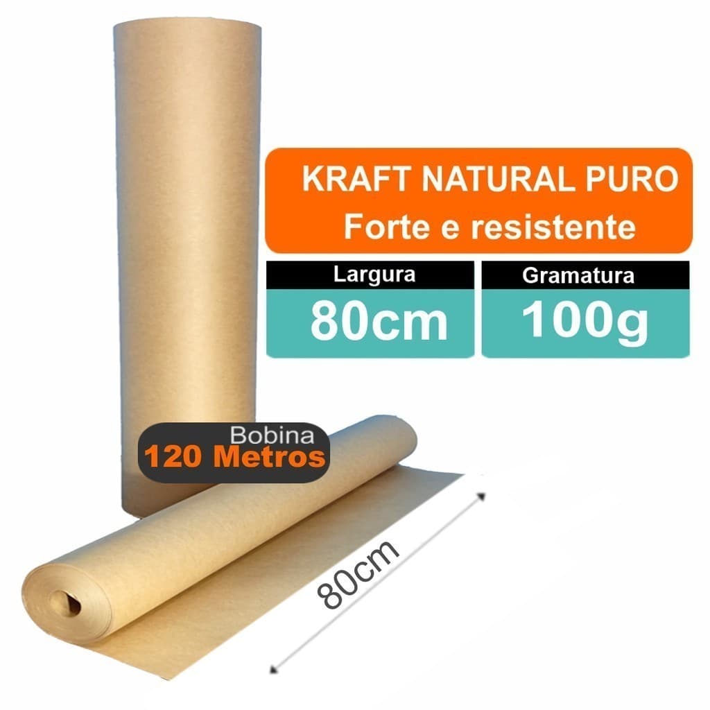 Bobina de Papel Kraft Puro Pardo 100/m2 X 80cm X 120 Metros 9,6Kg Moldes Embalagem Artes