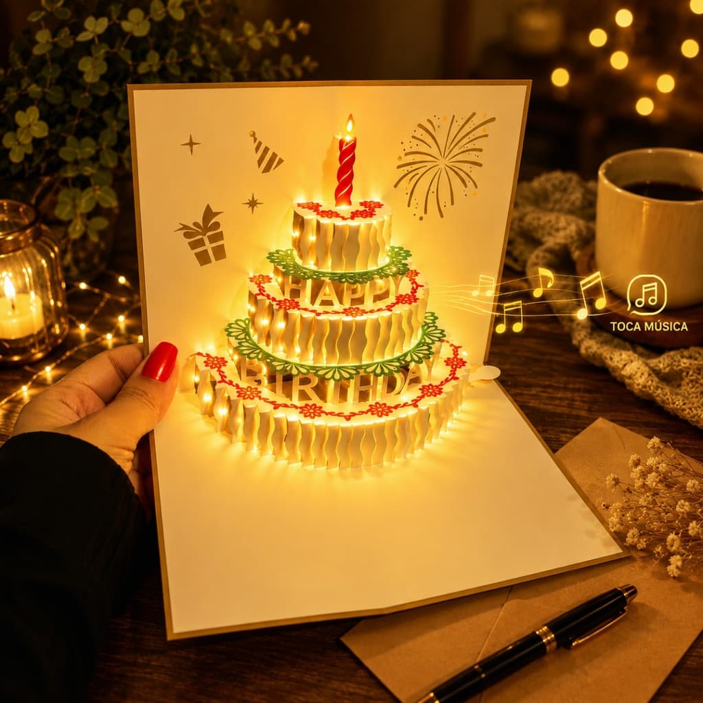 Cartão Pop Up 3D Musical Feliz Aniversário Com Luz LED Surpresa Presente Criativo Decorativo Com Envelope