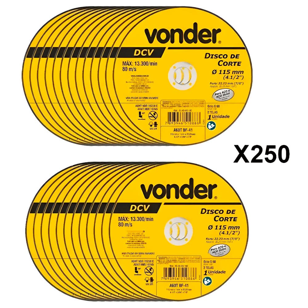 250 Discos De Corte 115mm x 1,0mm x 22,23mm Dcv Vonder