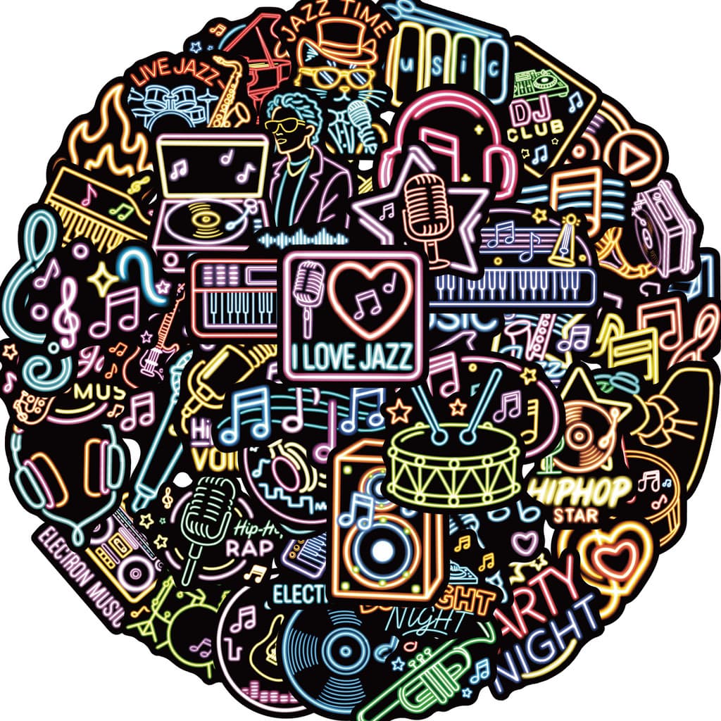 [Estoque pronto] 50 folhas adesivos de tema de música Neon não repetitivos adesivos de PVC à prova d'água adesivos de ba