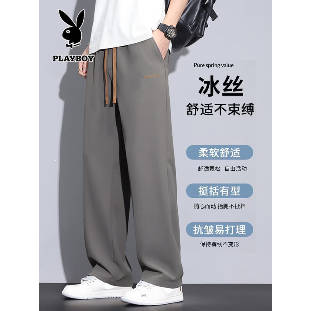 Playboy calças masculinas verão estilo fino em linha reta solta gelo seda calças casuais masculinas High-End calças de s
