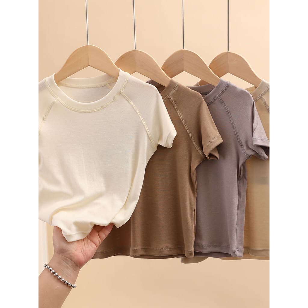 Mipink fruta grande crianças verão estilo fino Lyocell camiseta de manga curta meninos meninas cor sólida meia manga pri