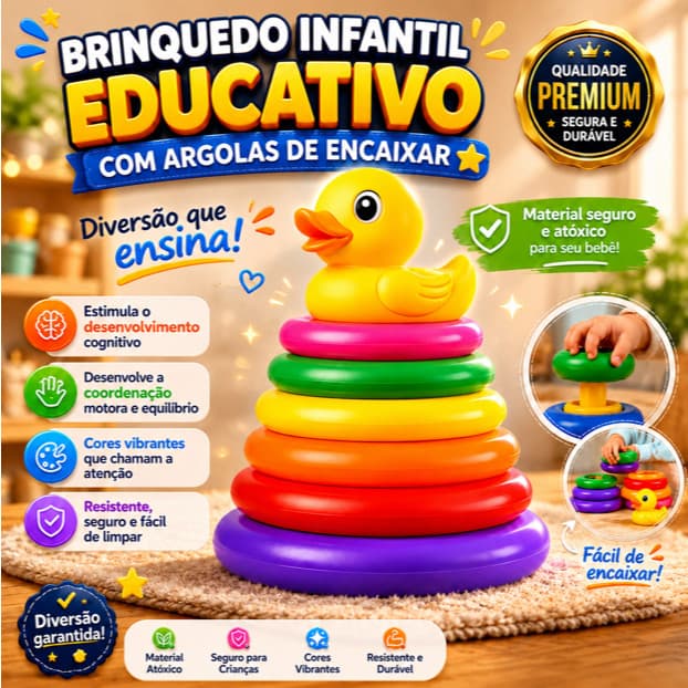 Torre Argolas Coloridas Patinho Brinquedo Educativo Infantil Coordenação Motora e Sensorial Bebê