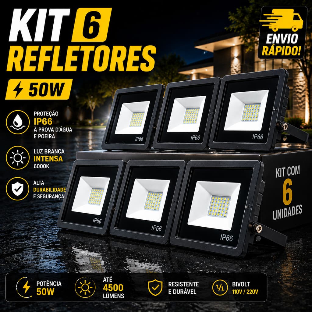 Kit 6 Refletor LED 50W IP66 Externo À Prova D'água Holofote Bivolt Jardim Paylow