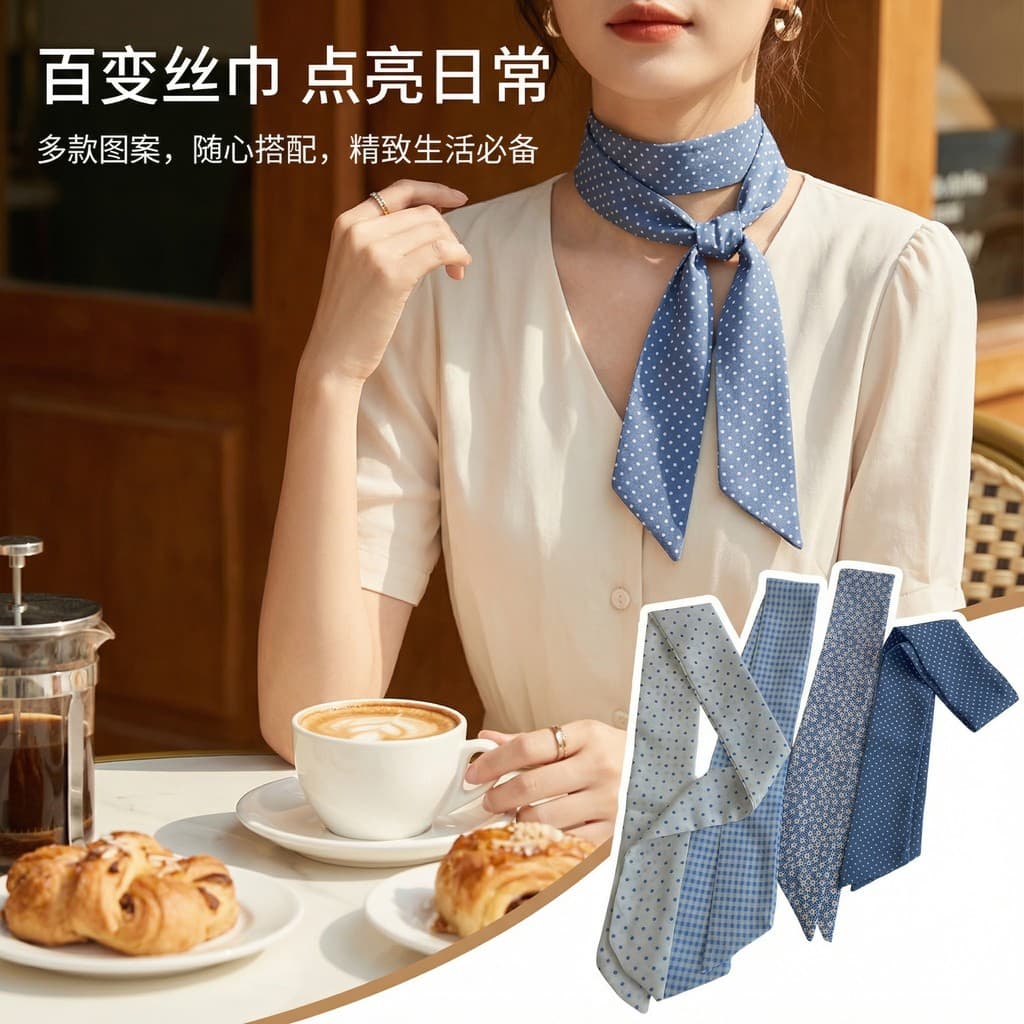 Lenço de seda feminino 2026 novo estilo meninas combinando camisa saia tira fina acessórios de verão lenço de seda azul
