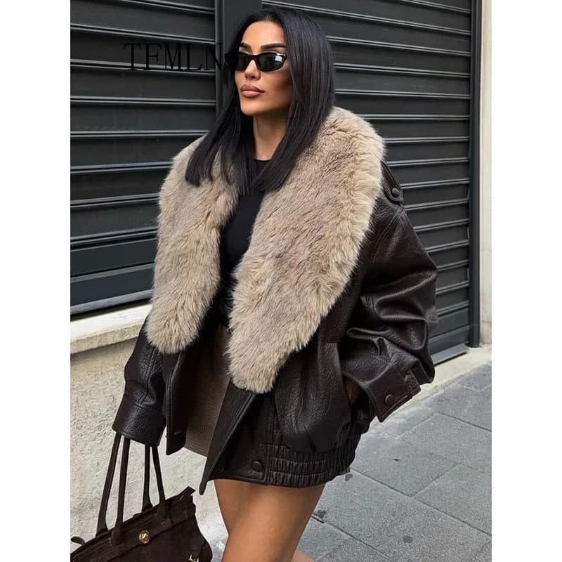 TFMLN 2025 Winter Women Loose Faux Leather Jacket Fashion Removed Big Fur Collar Causal Coat High Street Double Breasted