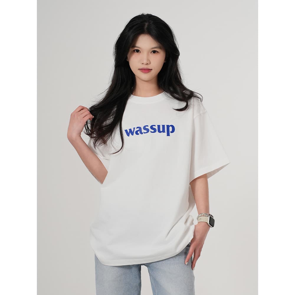 WASSUP Street Wear Carta Impressão Camiseta de manga curta feminina verão solto All-Match multicolorido casal em torno d