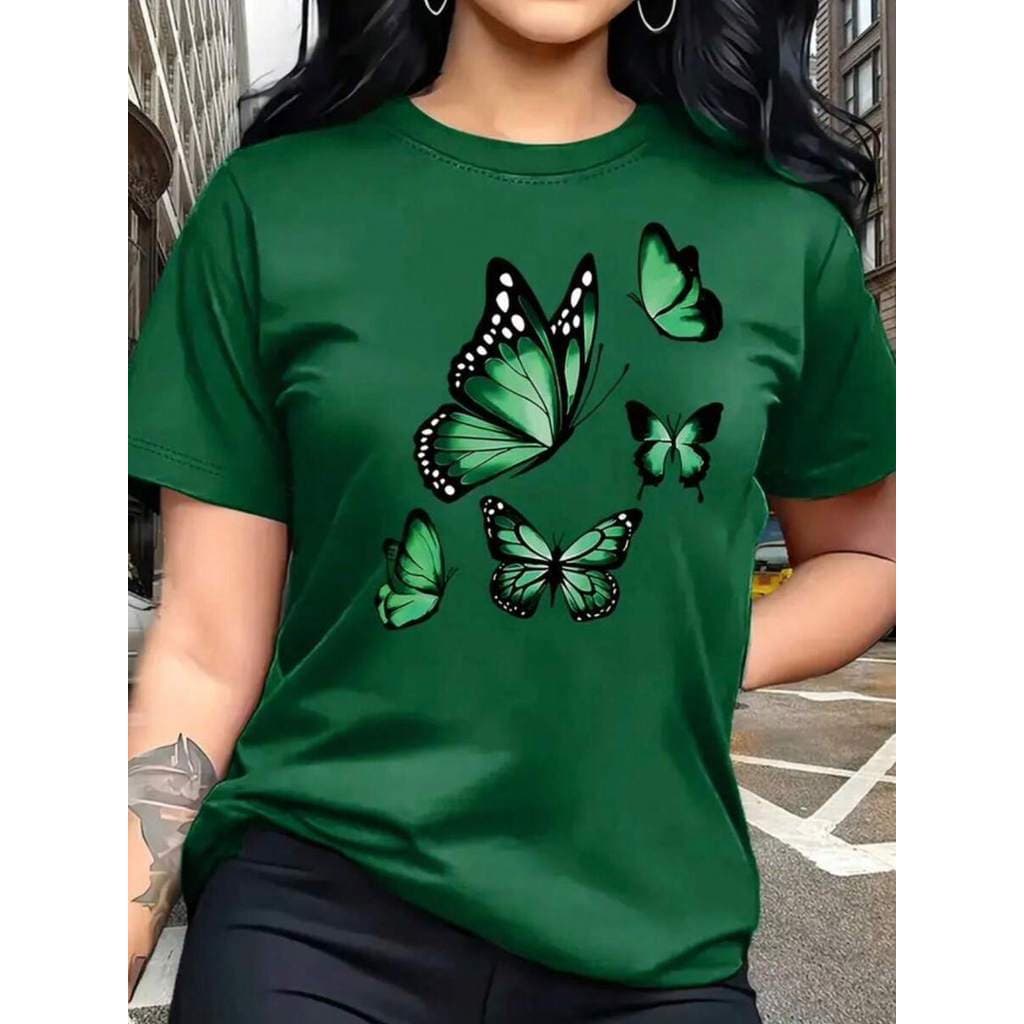 Camiseta T-shirt feminina manga curta algodão 100 % estampa de borboleta