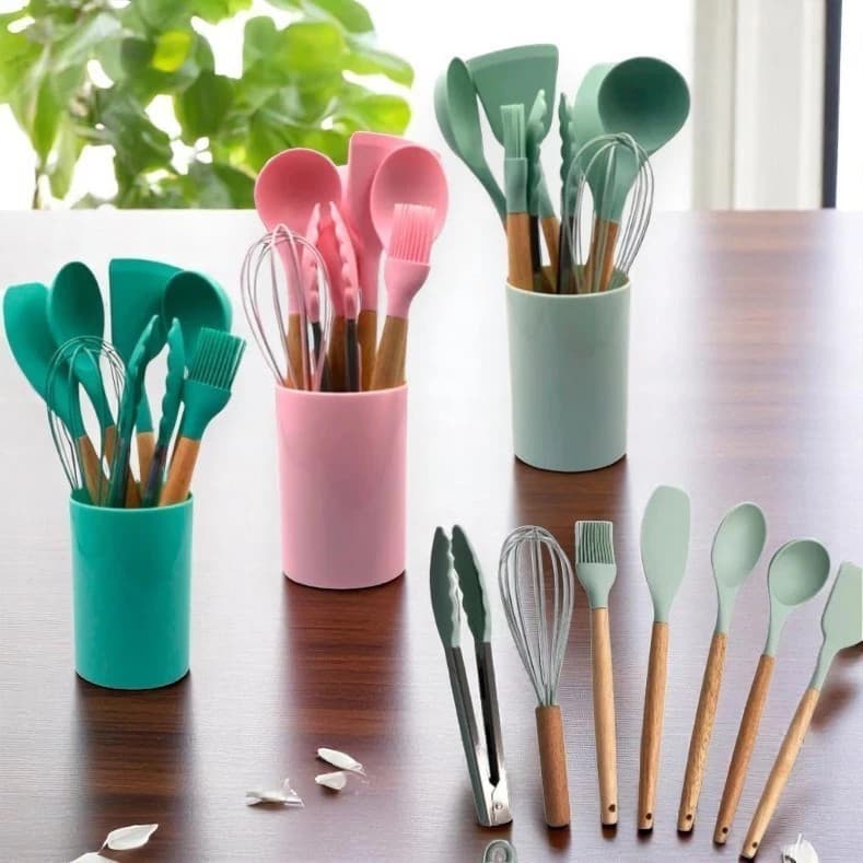 Kit utensílios cozinha 8 peças silicone espátula colher concha pegador pincel