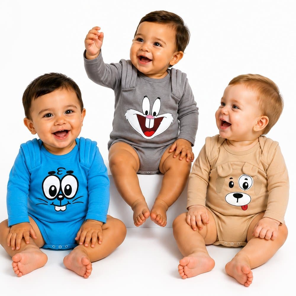 Kit 3 Body Bebê Masculino Manga Longa 100% Algodão Premium - Carinhas Divertidas - Bebê Brincalhão