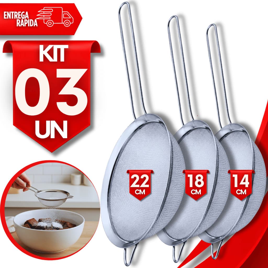 Jogo Peneira Coador Inox 22/18/14Cm Polvilhar Escorrer Farinhas Sucos Cozinha Confeitaria Praticidades