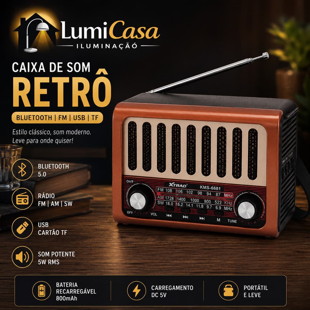 Caixa de Som Bluetooth Retrô Portátil Rádio FM USB TF 5W Recarregável Vintage KMS-6681