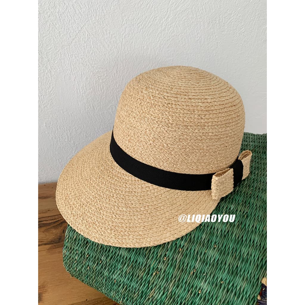 Li Qiaoyou Chapéu de cavaleiro de aba grande estilo Ráfia Natural Hepburn feminino verão rosto pequeno férias guarda-sol