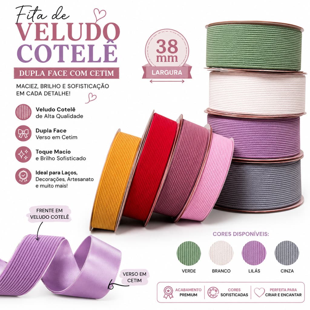 Fita Veludo Cotelê 38 mm Dupla Face 2 m ou 5 m – Ideal para Laços Artesanais Perfeitos, Acessórios e Decoração