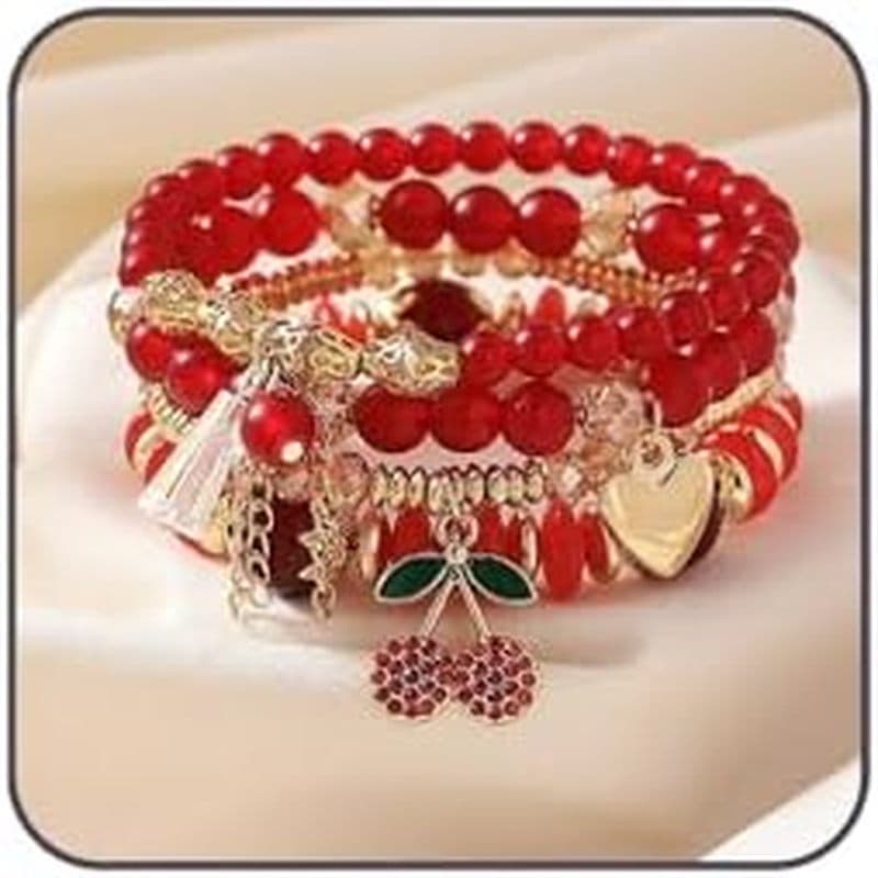 Conjunto De Pulseira De Cereja De 4 Peças Para Mulheres , Pingente De Contas Vermelhas Elásticas Em Camadas Banhadas A O