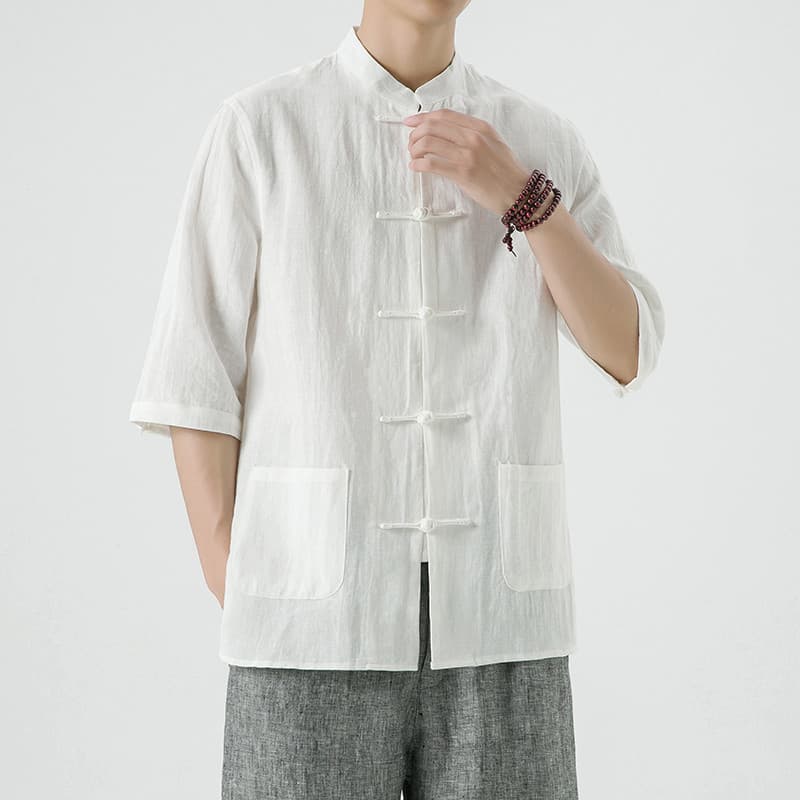 Japonês novo chinês Retro Tang terno estilo chinês camisa de linho masculina de manga comprida algodão linho gola alta Z