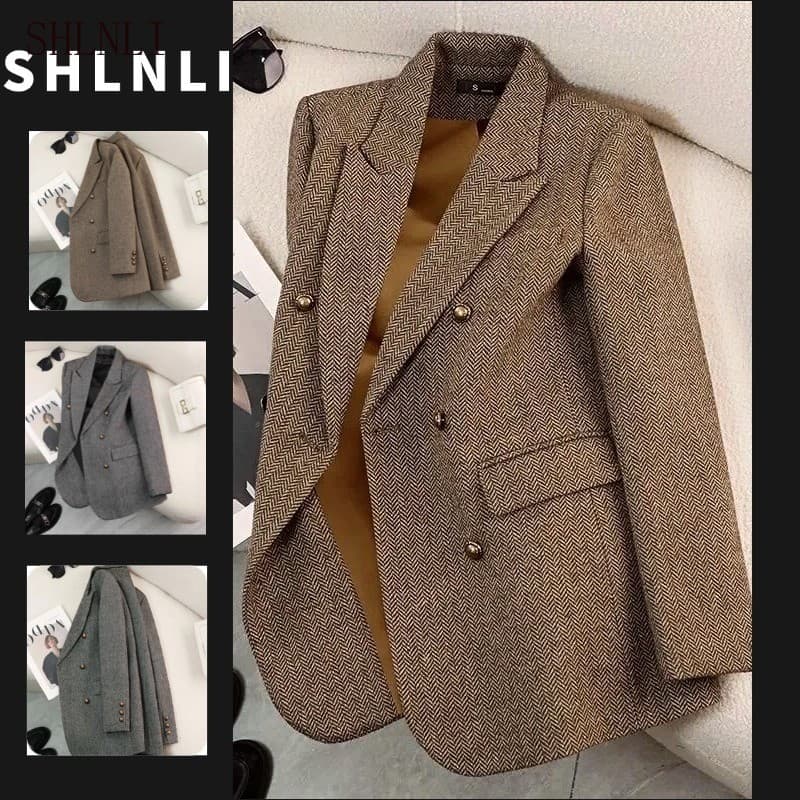 Blazer Feminino Casual Tweed Espinha De Peixe Jaqueta Com Peito Duplo