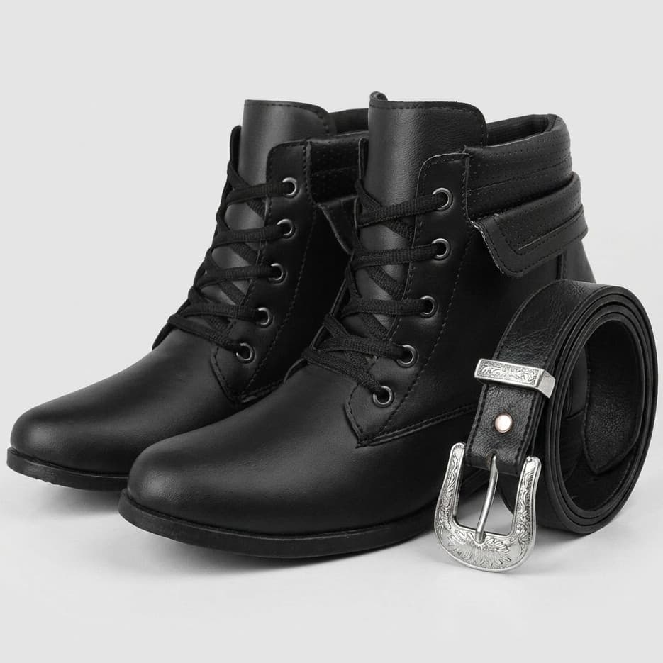 Kit Bota Coturno Feminina Preta Cano Curto Salto Baixo + Cinto Com Fivela Western Trabalhada