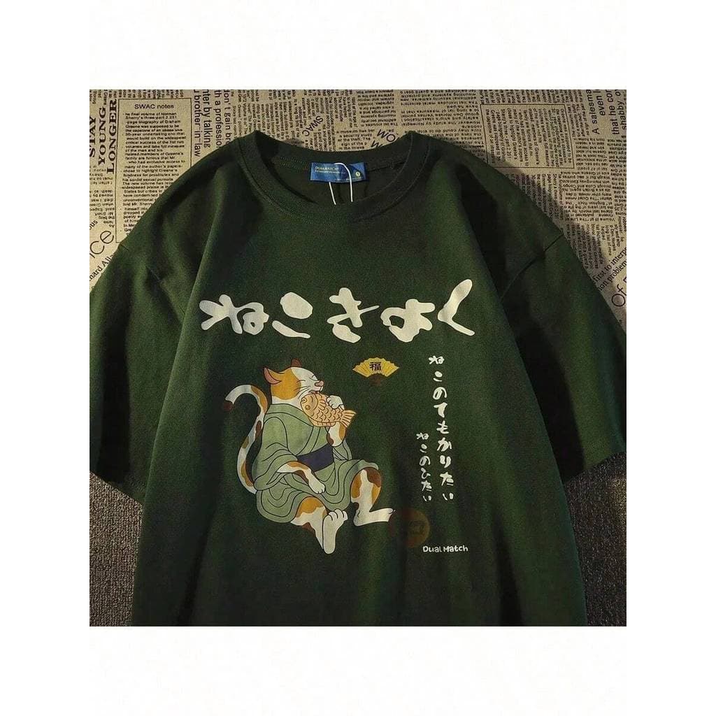 Camiseta Básica Feminina Algodão Cat Japanese Moda Maligu ..