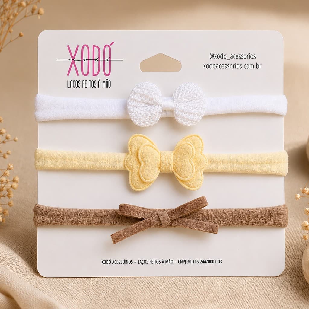 Kit 3 Tiaras meia de seda Faixas Bebê Confortável Elegante Leve Macio Croche Branco Courino Amarelo Premium