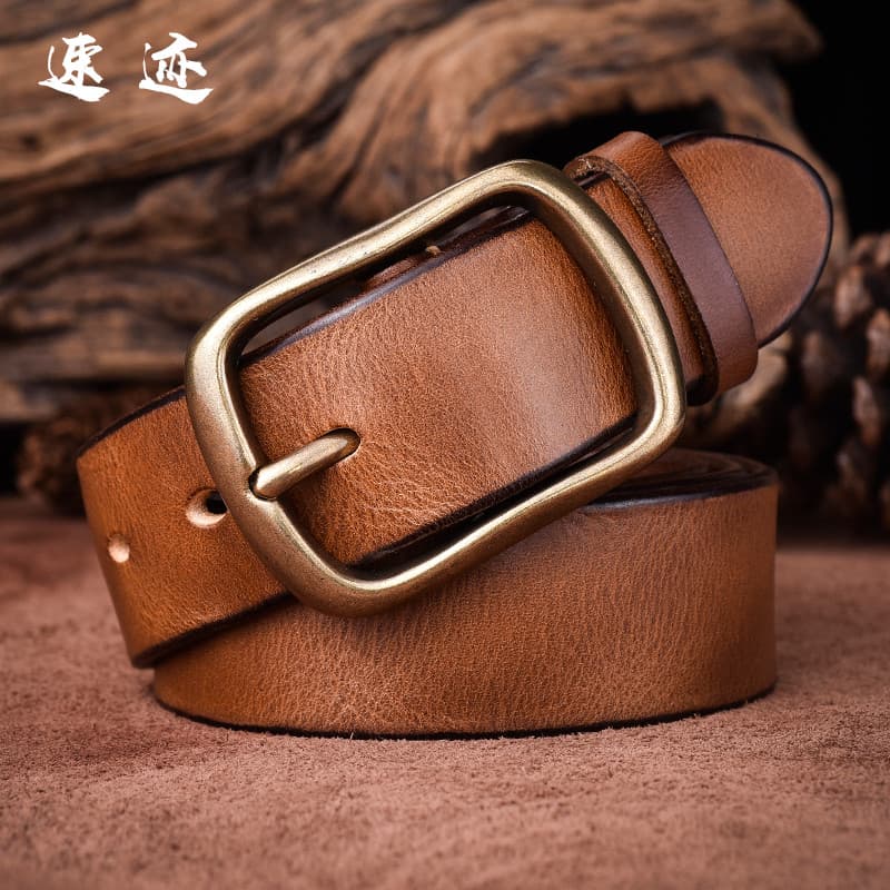 Cinto de couro masculino fivela de cobre artesanal primeira camada de couro puro Retro All-Match na moda jovens pino fiv