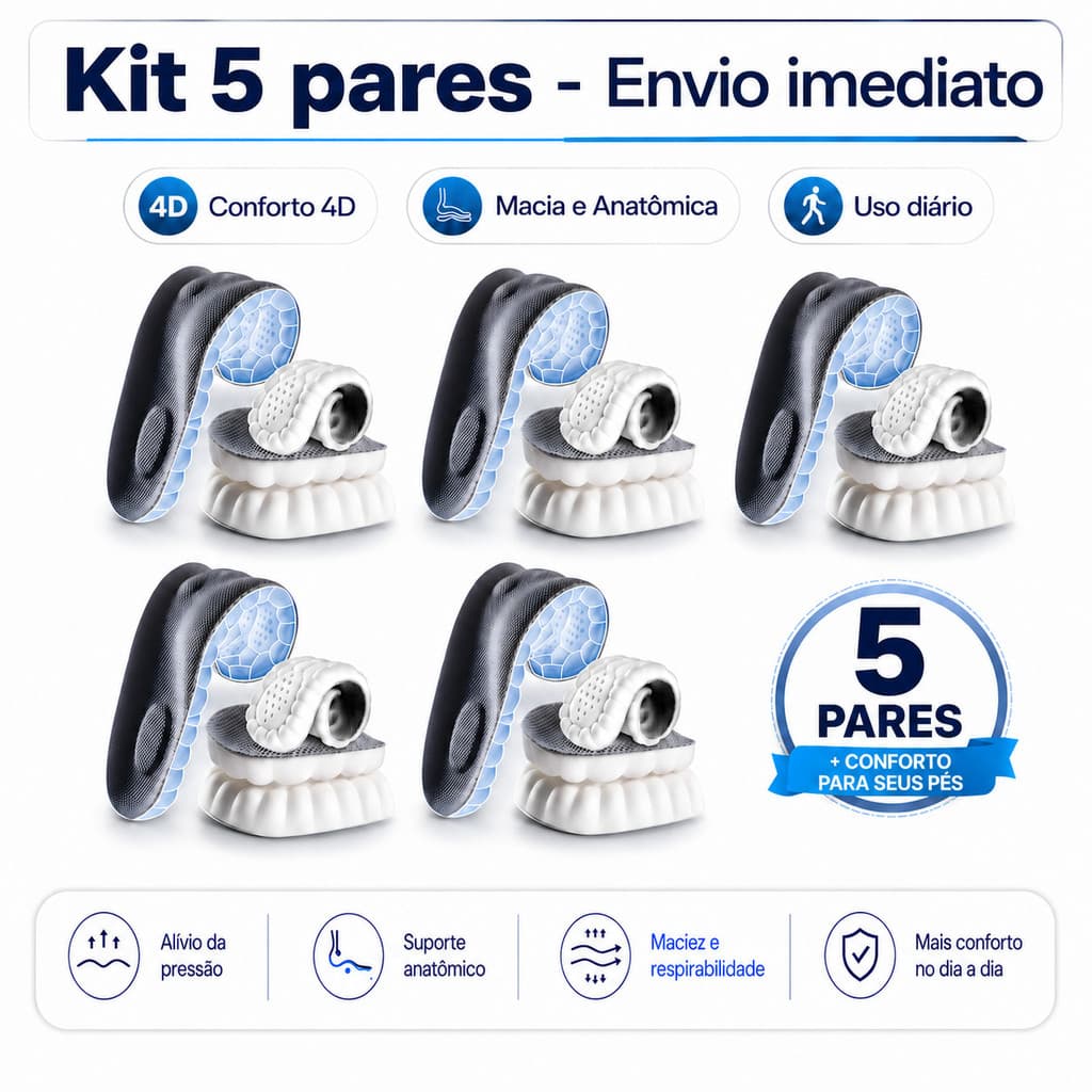 Kit 5 Palmilhas Nuvem 4D Ortopédica Ultra Macia Esportiva