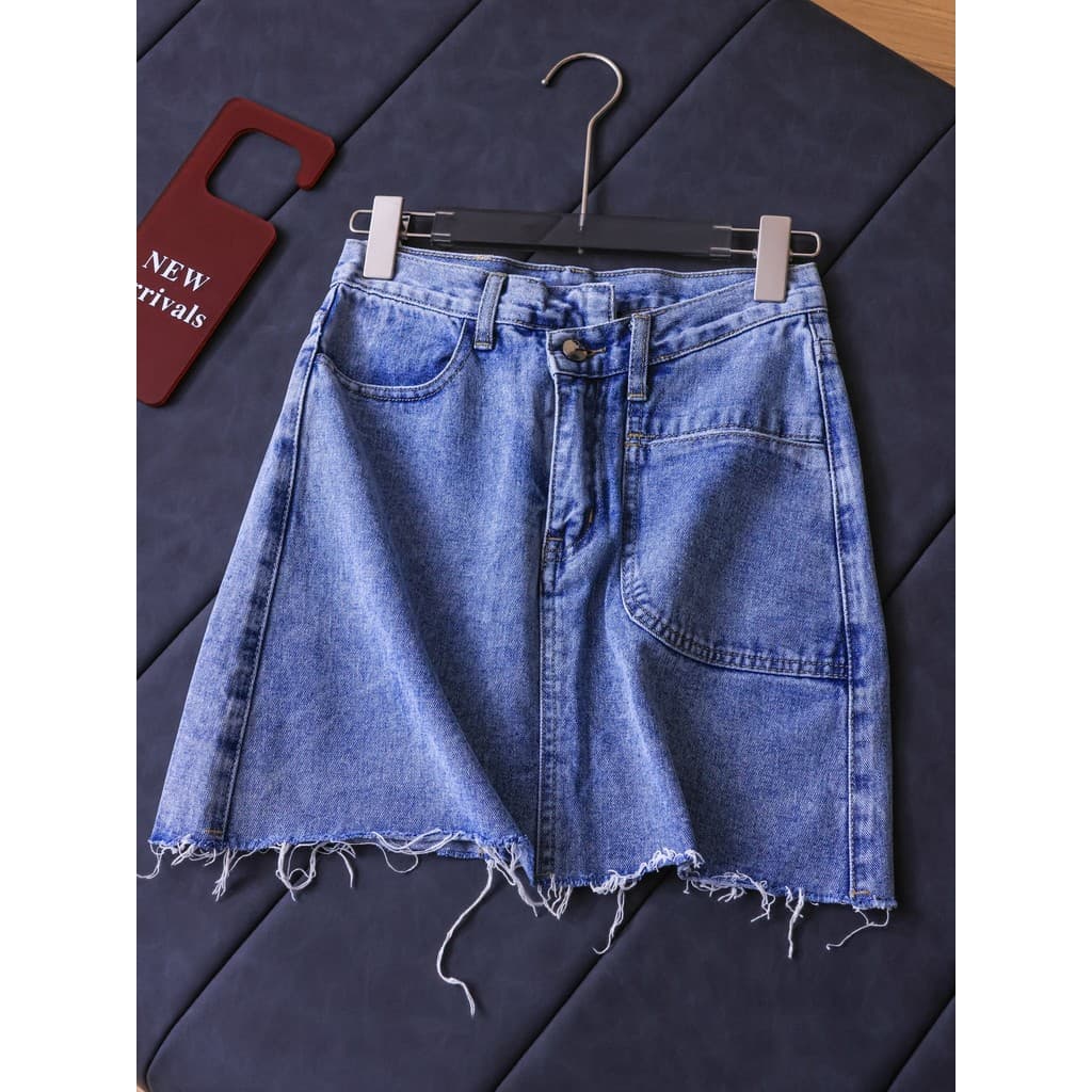 Azul lavado branco cintura alta mais magro olhar a linha saia assimétrica bolso Denim saia All-Match saia feminina S