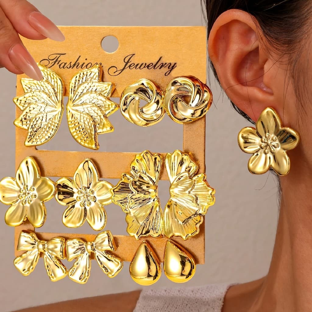 Conjunto de 12 Brincos Femininos Dourados Sortidos Grandes Elegantes Flor Coração Gota Festa Casamento Dia a Dia